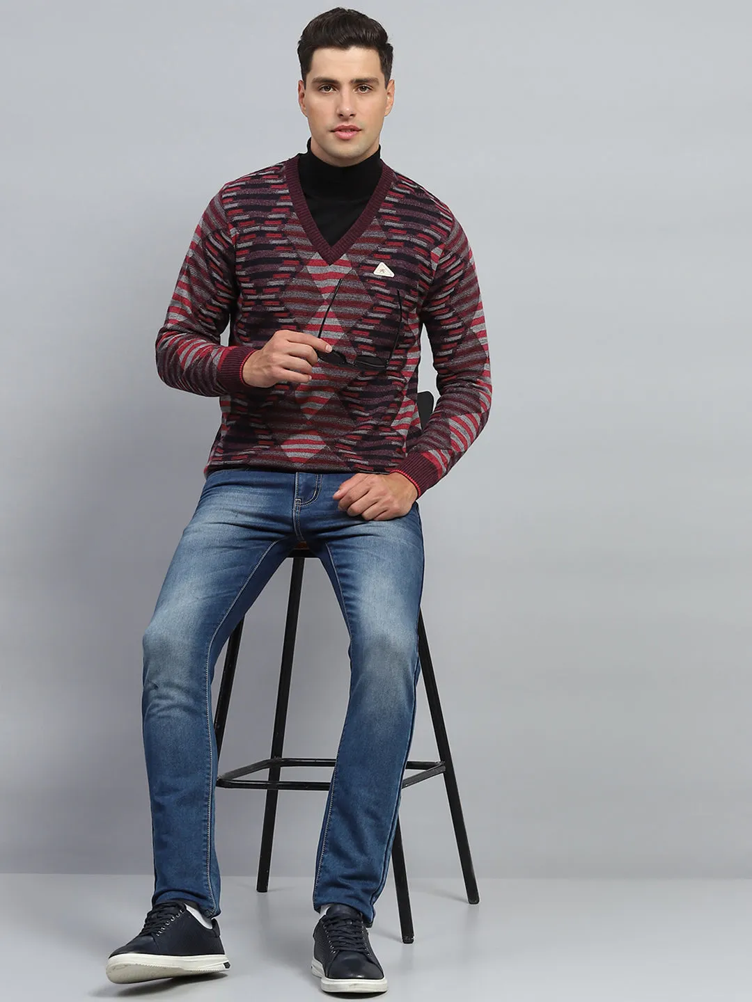 Men Maroon Stripe V Neck Full Sleeve Pullover sold by Monte Carlo product image thumbnail 2