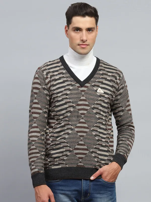 Men Olive Stripe V Neck Full Sleeve Pullover made by Monte Carlo