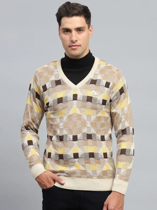 Men Beige Check V Neck Full Sleeve Pullover made by Monte Carlo