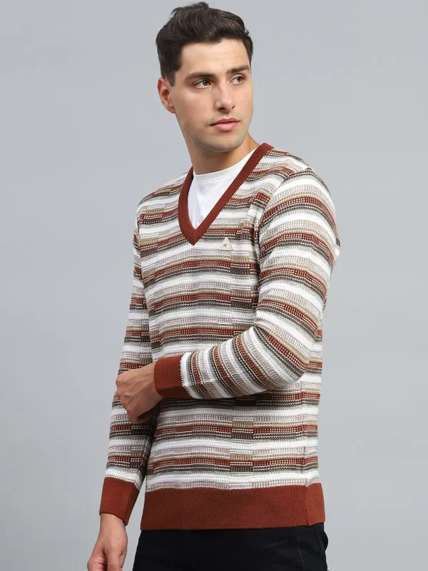 Men Brown Stripe V Neck Full Sleeve Pullover made by Monte Carlo