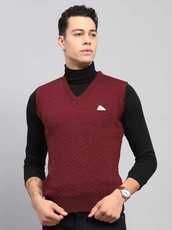 Men Maroon Self Design V Neck Sleeveless Sweater made by Monte Carlo