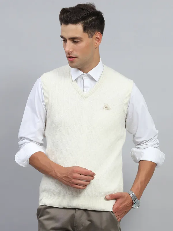 Men White Self Design V Neck Sleeveless Sweater made by Monte Carlo
