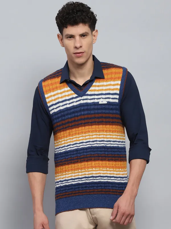 Men Blue & Orange Stripe V Neck Sleeveless Sweater sold by Monte Carlo