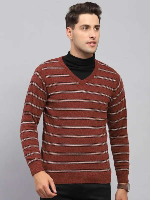 Men Rust Stripe V Neck Full Sleeve Pullover made by Monte Carlo