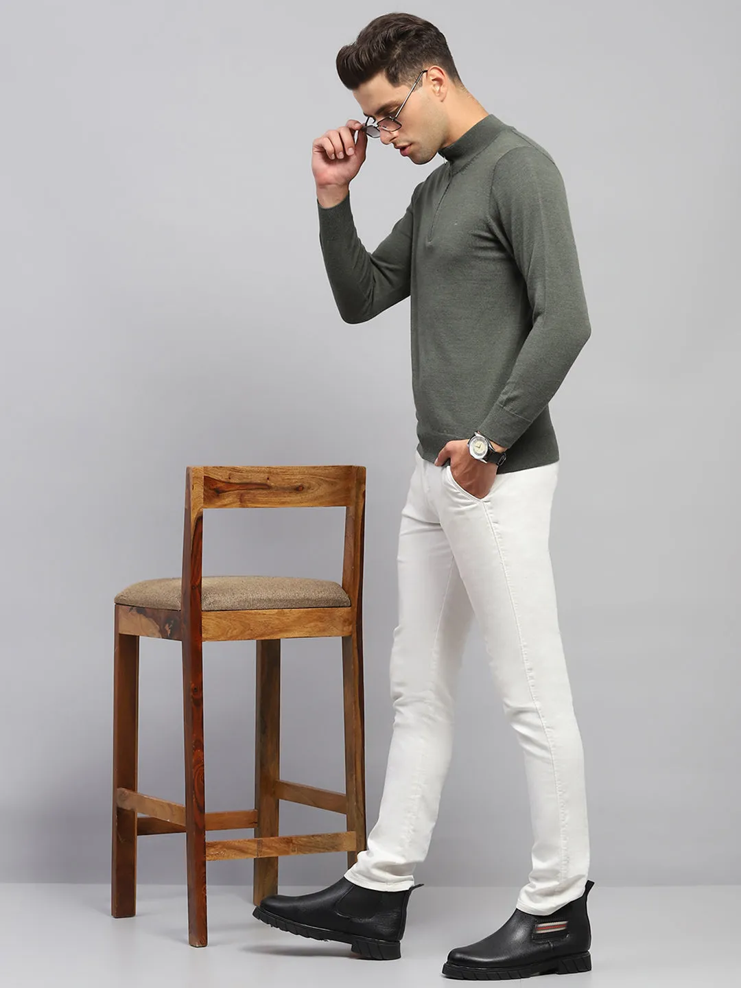 Men Olive Solid Mock Neck Full Sleeve Pullover sold by Monte Carlo product image thumbnail 2