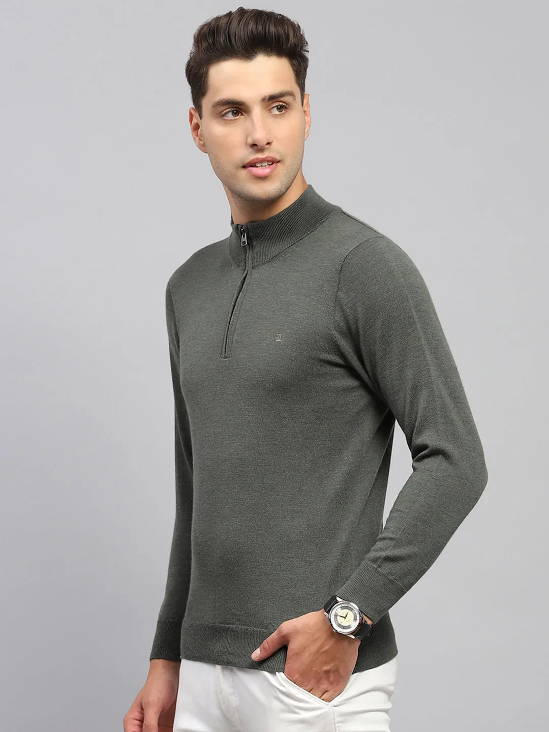 Men Olive Solid Mock Neck Full Sleeve Pullover sold by Monte Carlo product image thumbnail 3