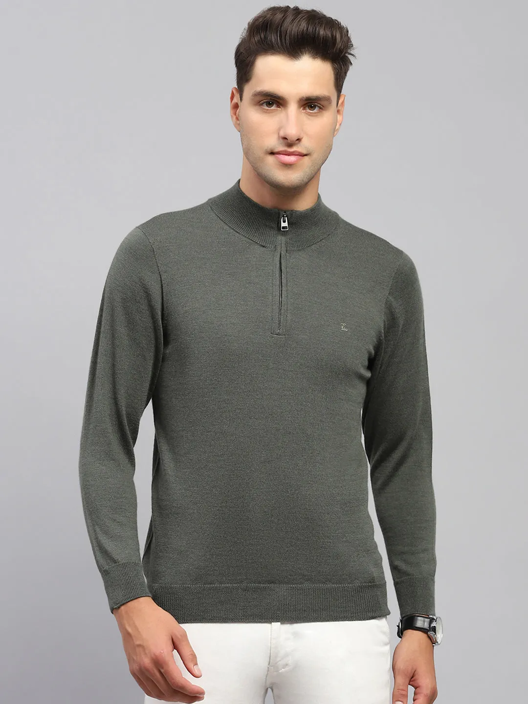 Men Olive Solid Mock Neck Full Sleeve Pullover sold by Monte Carlo
