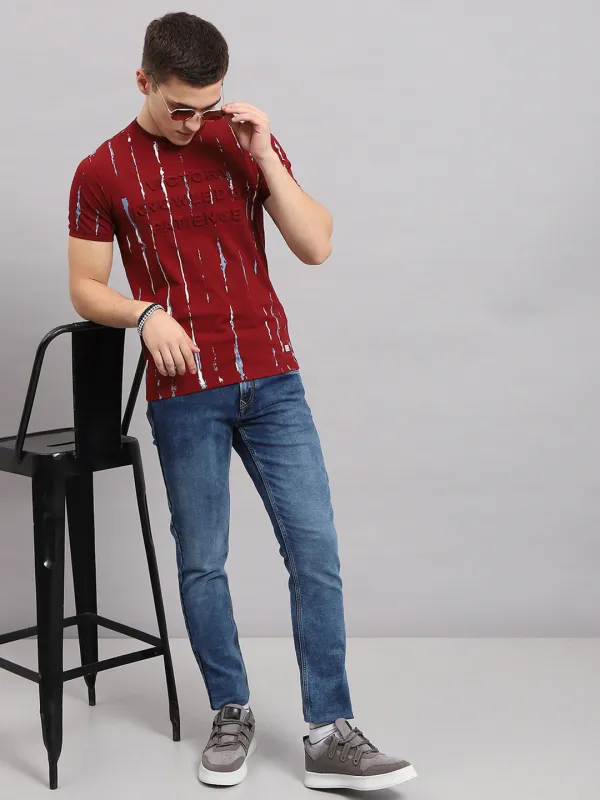 Men Maroon Printed Round Neck Half Sleeve T-Shirt made by Monte Carlo