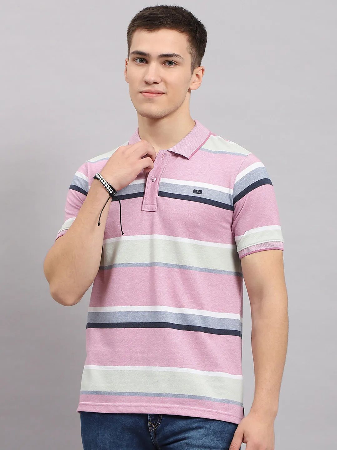Men Pink Stripe Collar Half Sleeve T-Shirt sold by Monte Carlo product image thumbnail 2