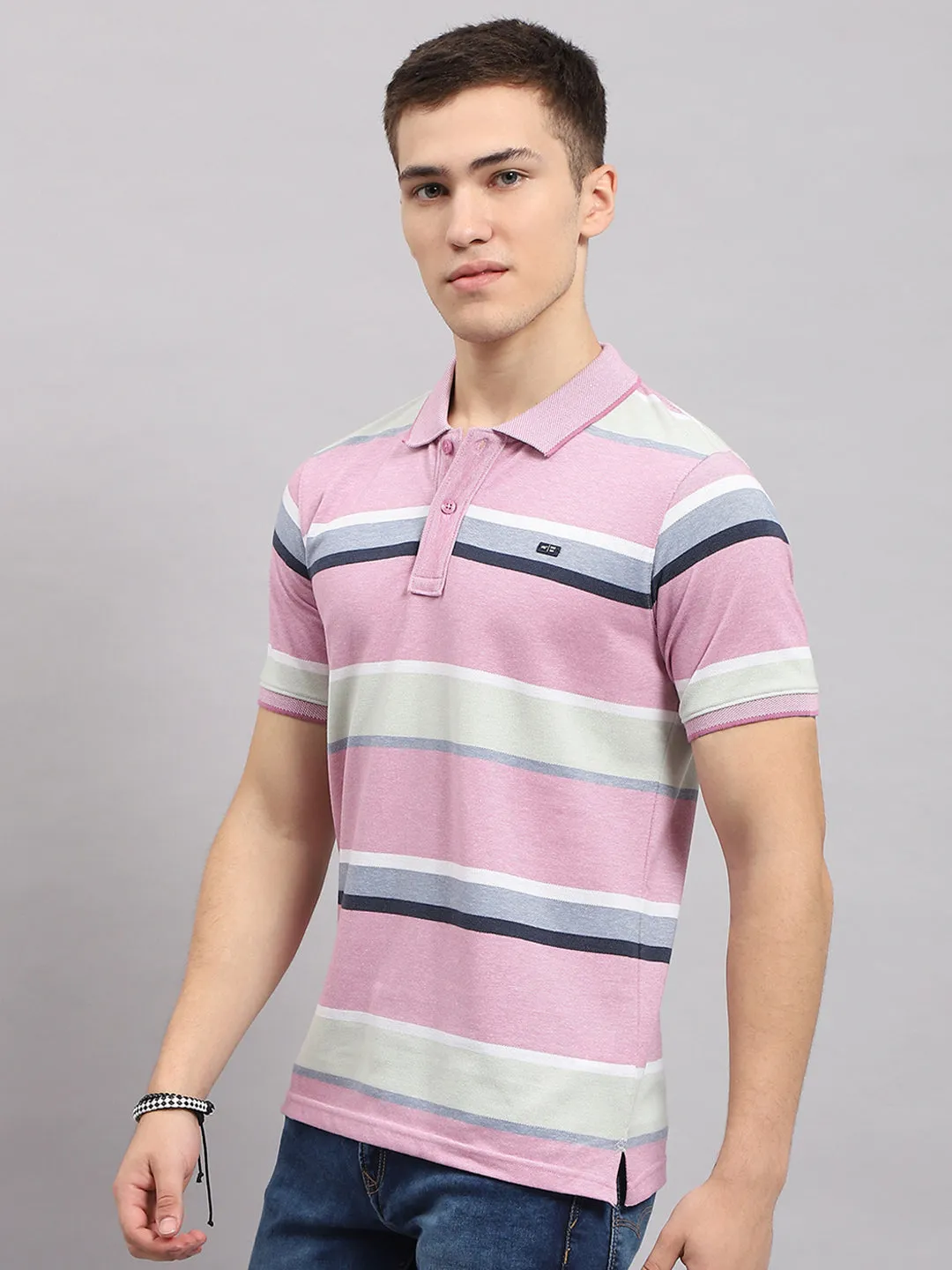 Men Pink Stripe Collar Half Sleeve T-Shirt sold by Monte Carlo product image thumbnail 3