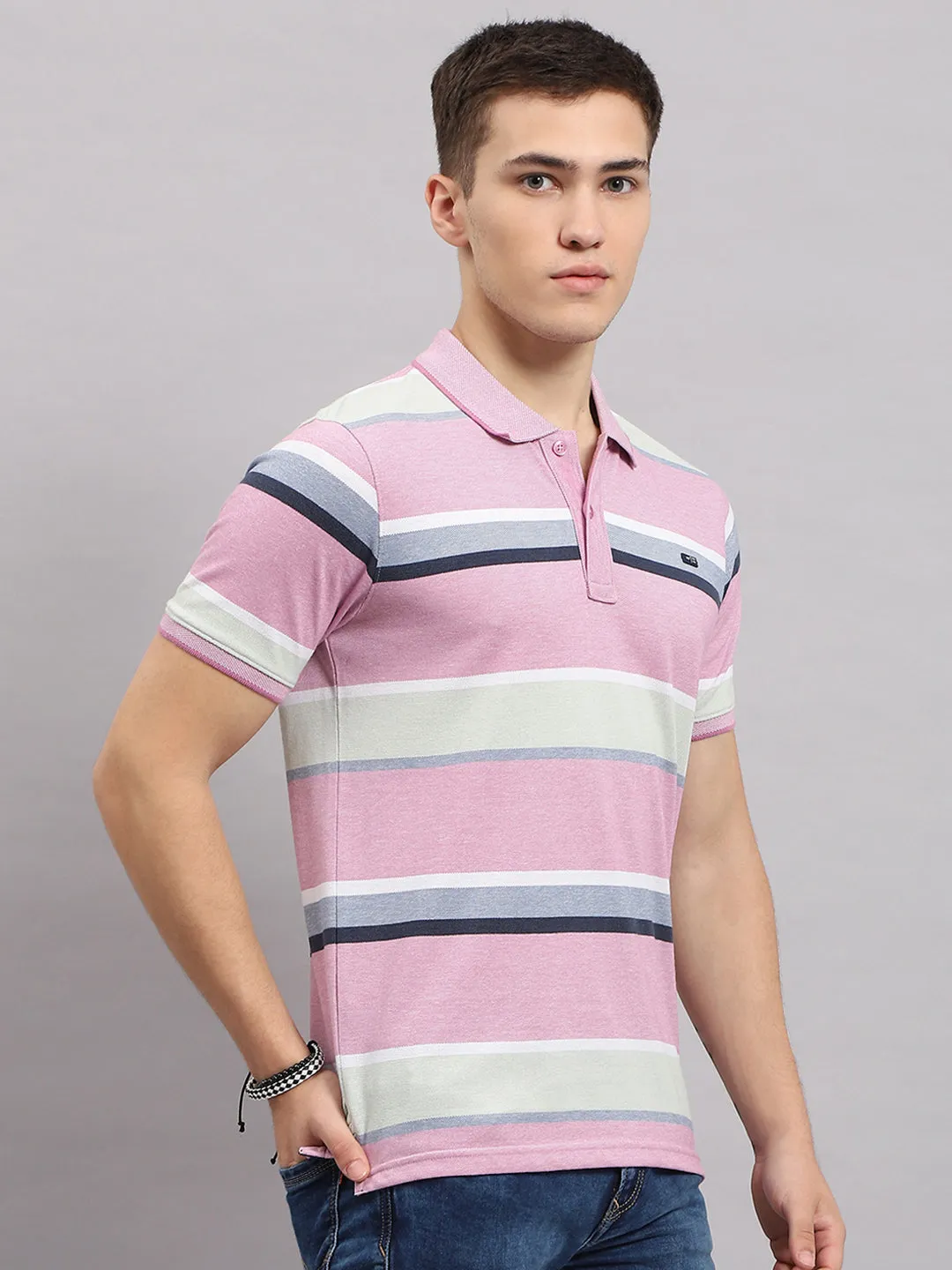 Men Pink Stripe Collar Half Sleeve T-Shirt sold by Monte Carlo product image thumbnail 4
