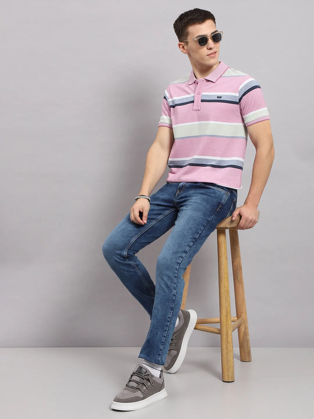 Men Pink Stripe Collar Half Sleeve T-Shirt sold by Monte Carlo