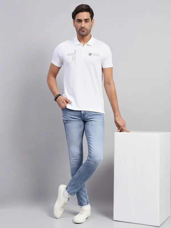 Men White Printed Collar Half Sleeve T-Shirt made by Monte Carlo