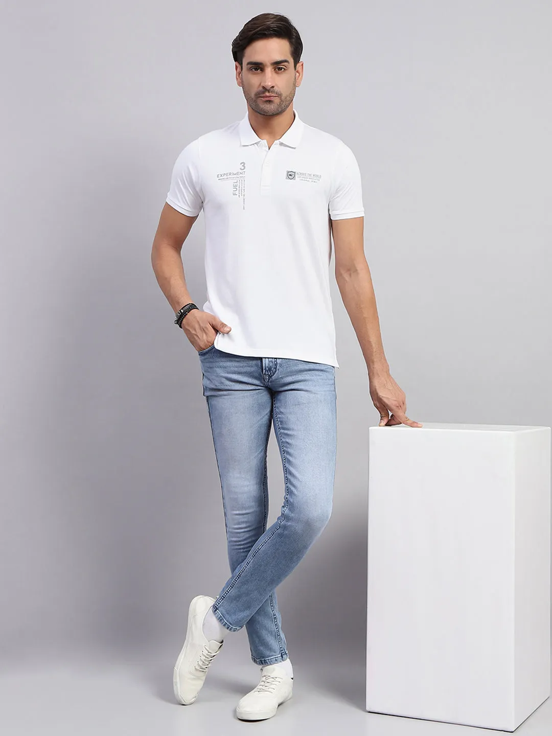 Men White Printed Collar Half Sleeve T-Shirt sold by Monte Carlo