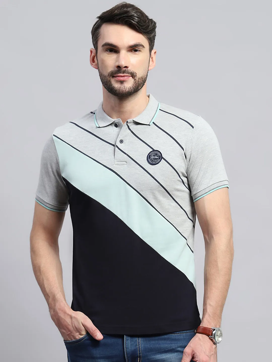 Men Grey Self Design Collar Half Sleeve T-Shirt sold by Monte Carlo product image thumbnail 2