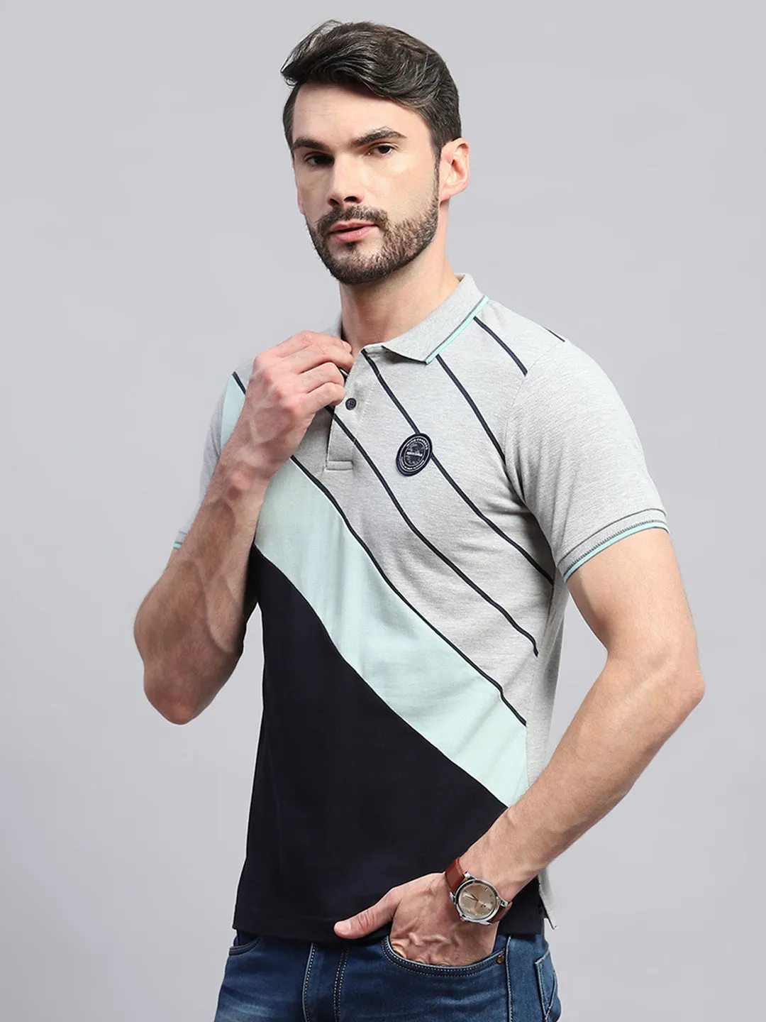 Men Grey Self Design Collar Half Sleeve T-Shirt sold by Monte Carlo product image thumbnail 3