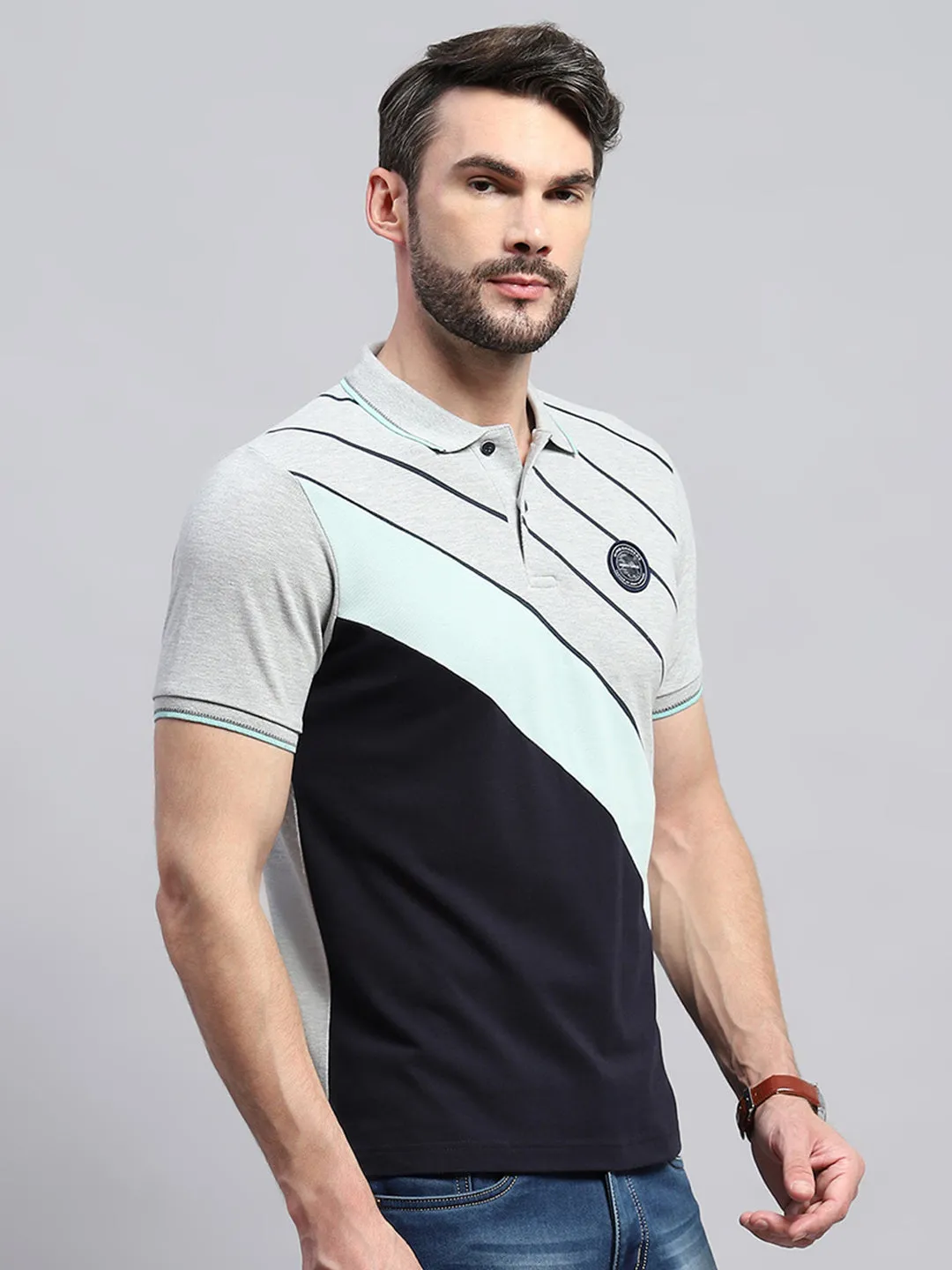 Men Grey Self Design Collar Half Sleeve T-Shirt sold by Monte Carlo product image thumbnail 4