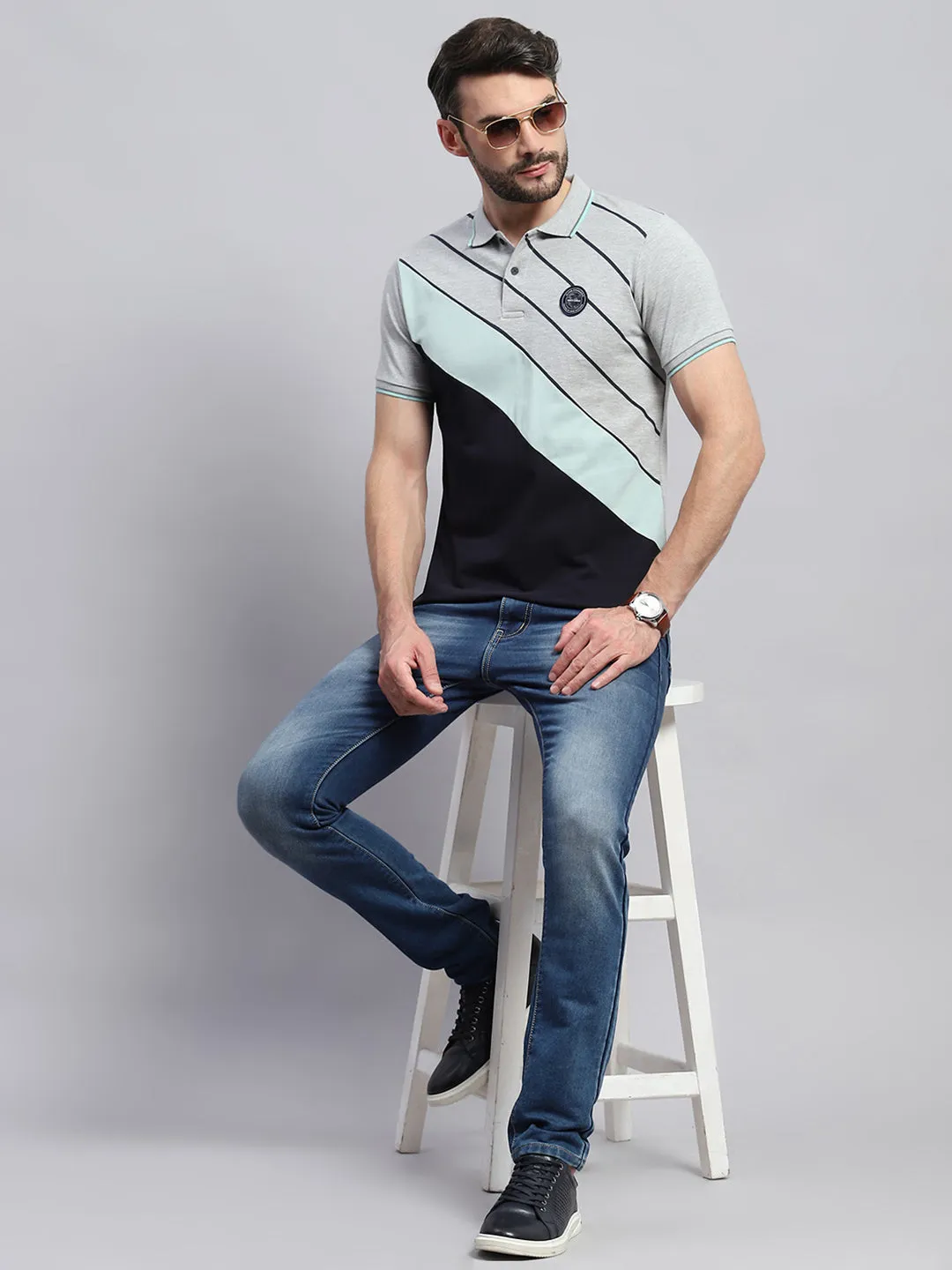 Men Grey Self Design Collar Half Sleeve T-Shirt sold by Monte Carlo