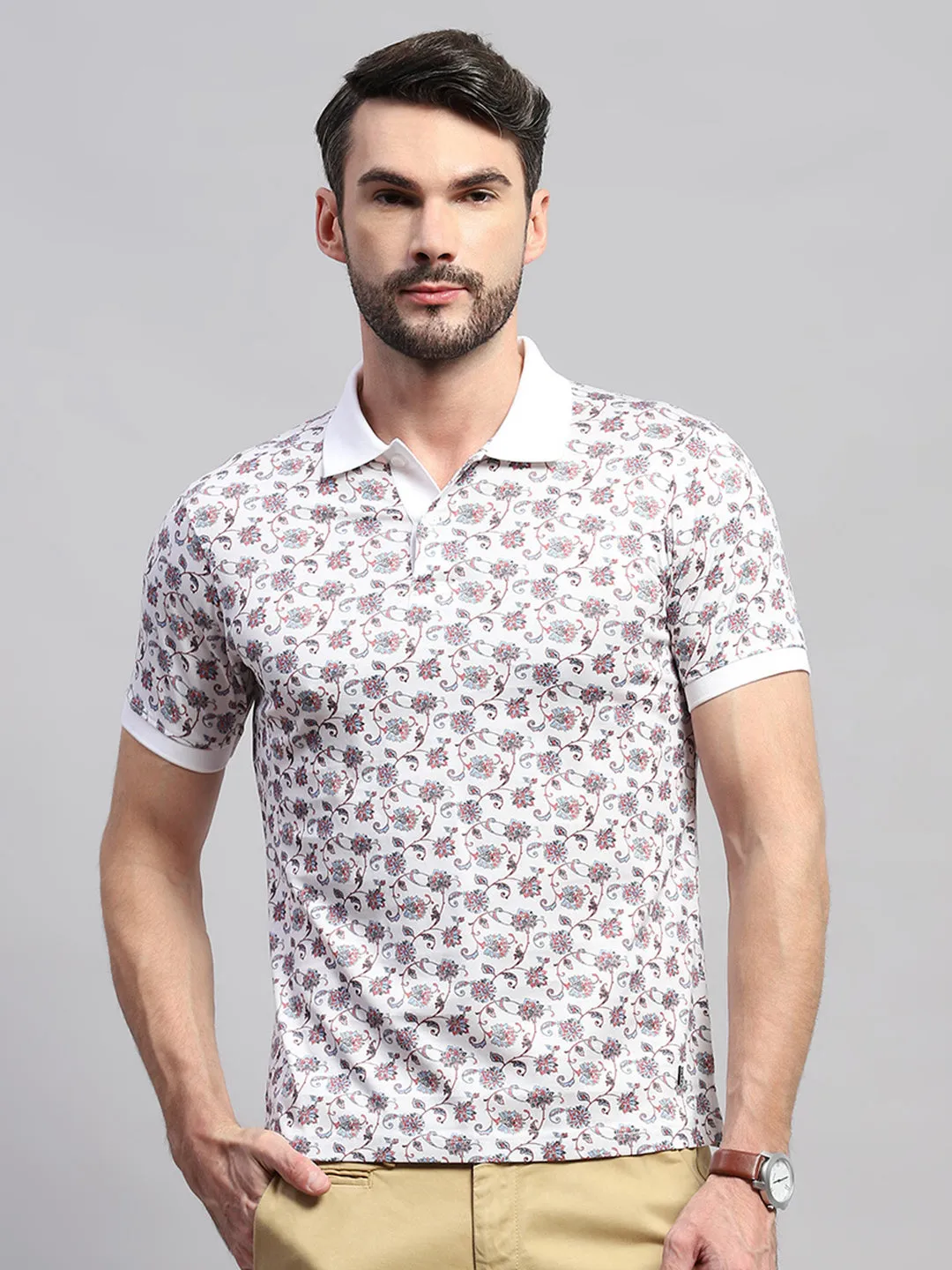 Men White Printed Collar Half Sleeve T-Shirt sold by Monte Carlo product image thumbnail 2