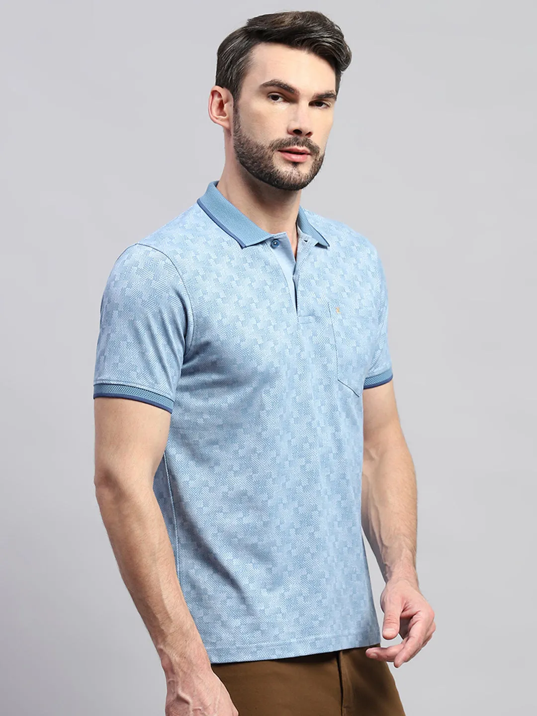 Men Blue Self Design Collar Half Sleeve T-Shirt sold by Monte Carlo product image thumbnail 4