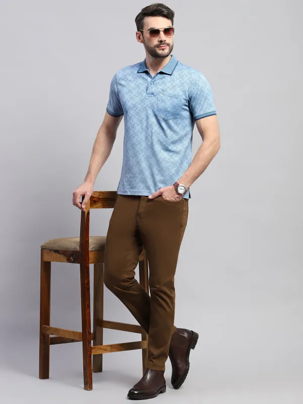 Men Blue Self Design Collar Half Sleeve T-Shirt made by Monte Carlo