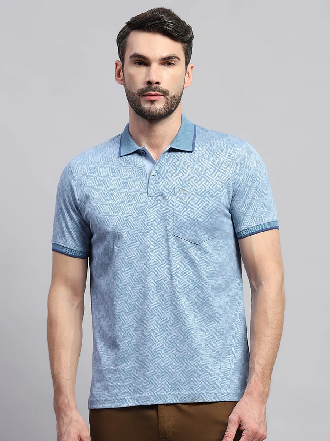 Men Blue Self Design Collar Half Sleeve T-Shirt sold by Monte Carlo product image thumbnail 2