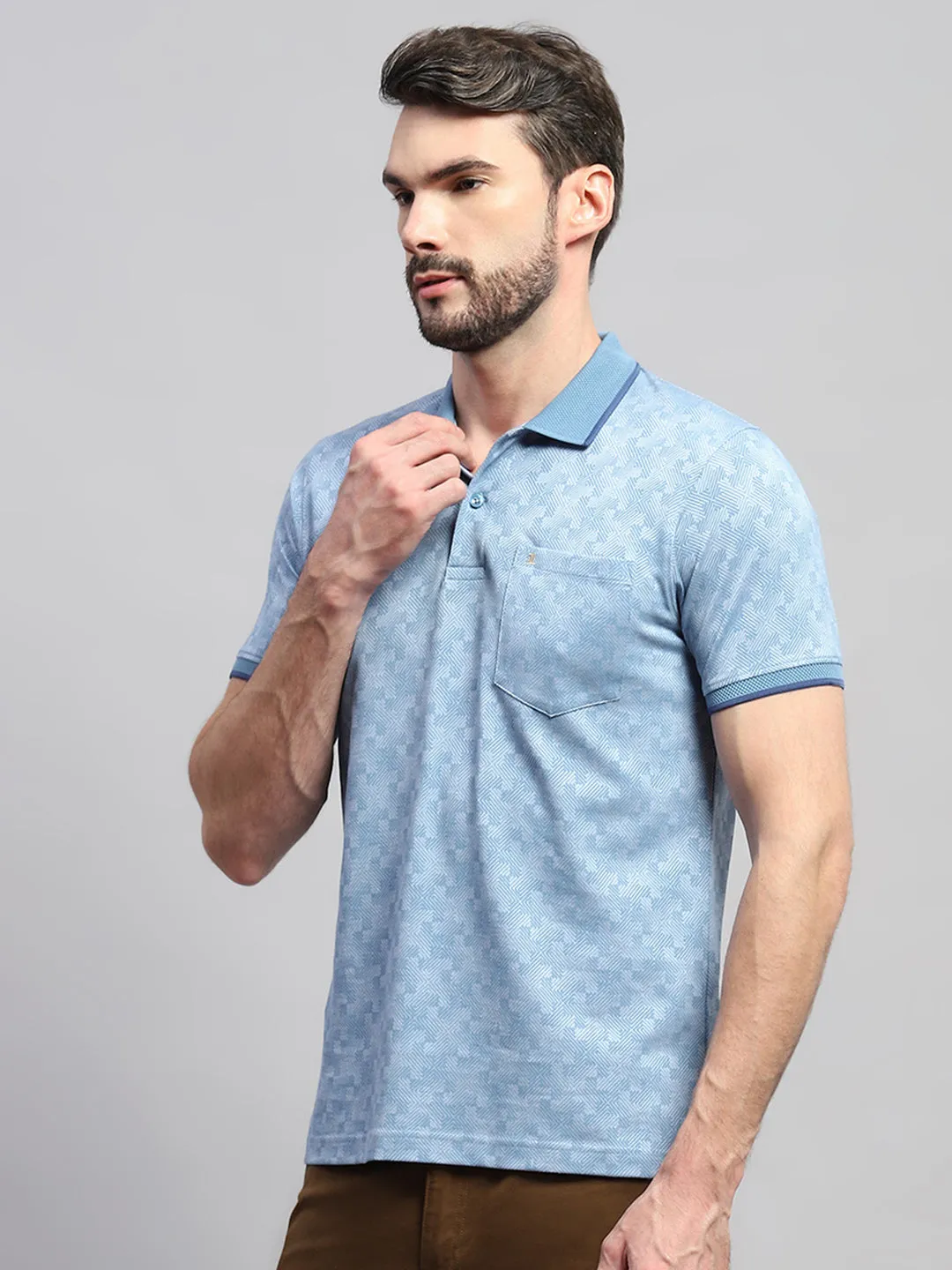 Men Blue Self Design Collar Half Sleeve T-Shirt sold by Monte Carlo product image thumbnail 3