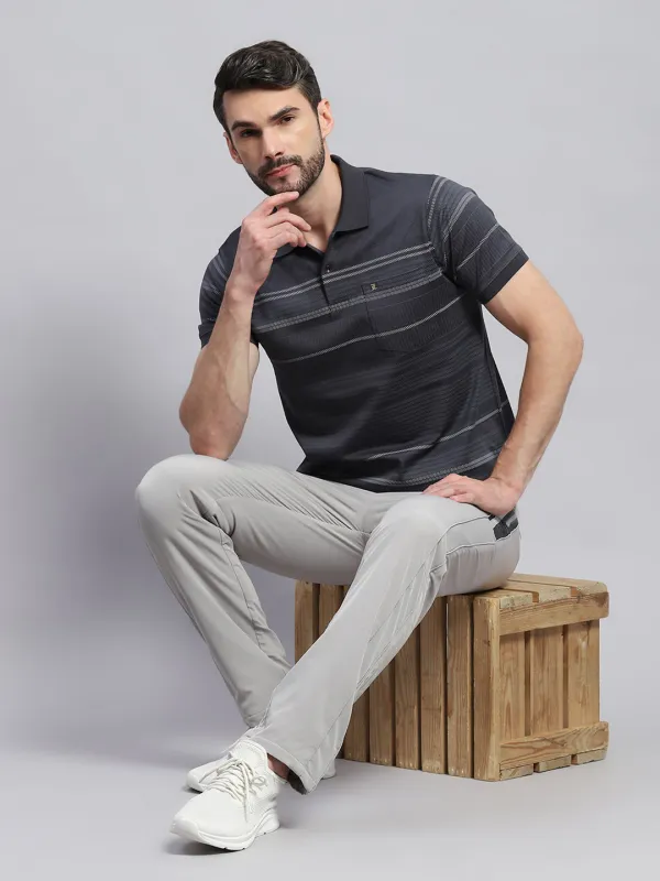 Men Grey Self Design Collar Half Sleeve T-Shirt made by Monte Carlo