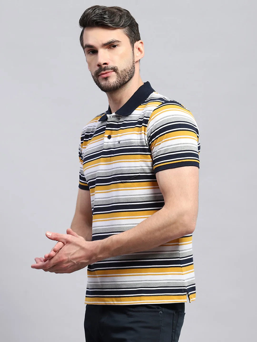 Men Yellow & White Stripe Collar Half Sleeve T-Shirt sold by Monte Carlo product image thumbnail 3