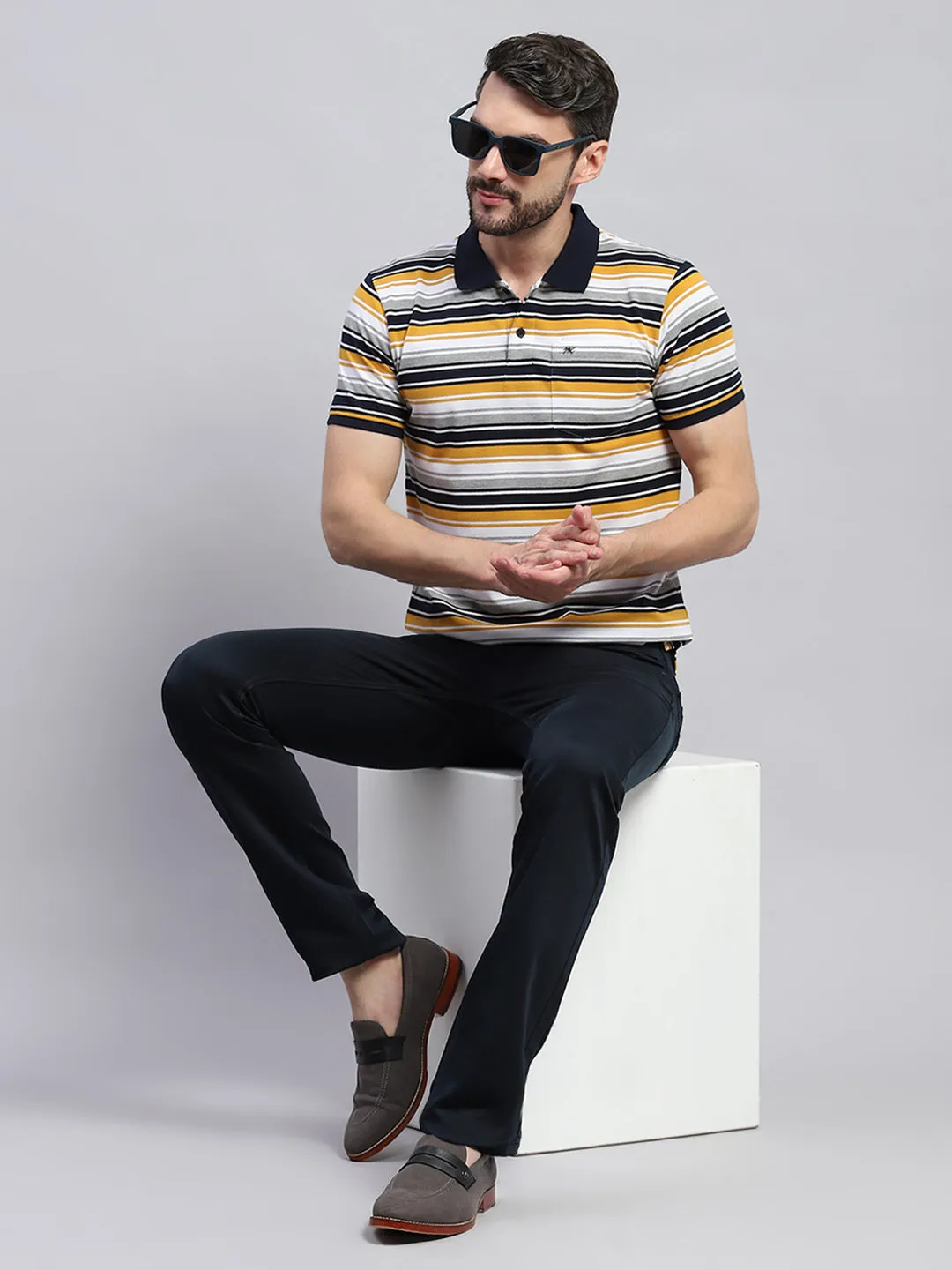 Men Yellow & White Stripe Collar Half Sleeve T-Shirt sold by Monte Carlo