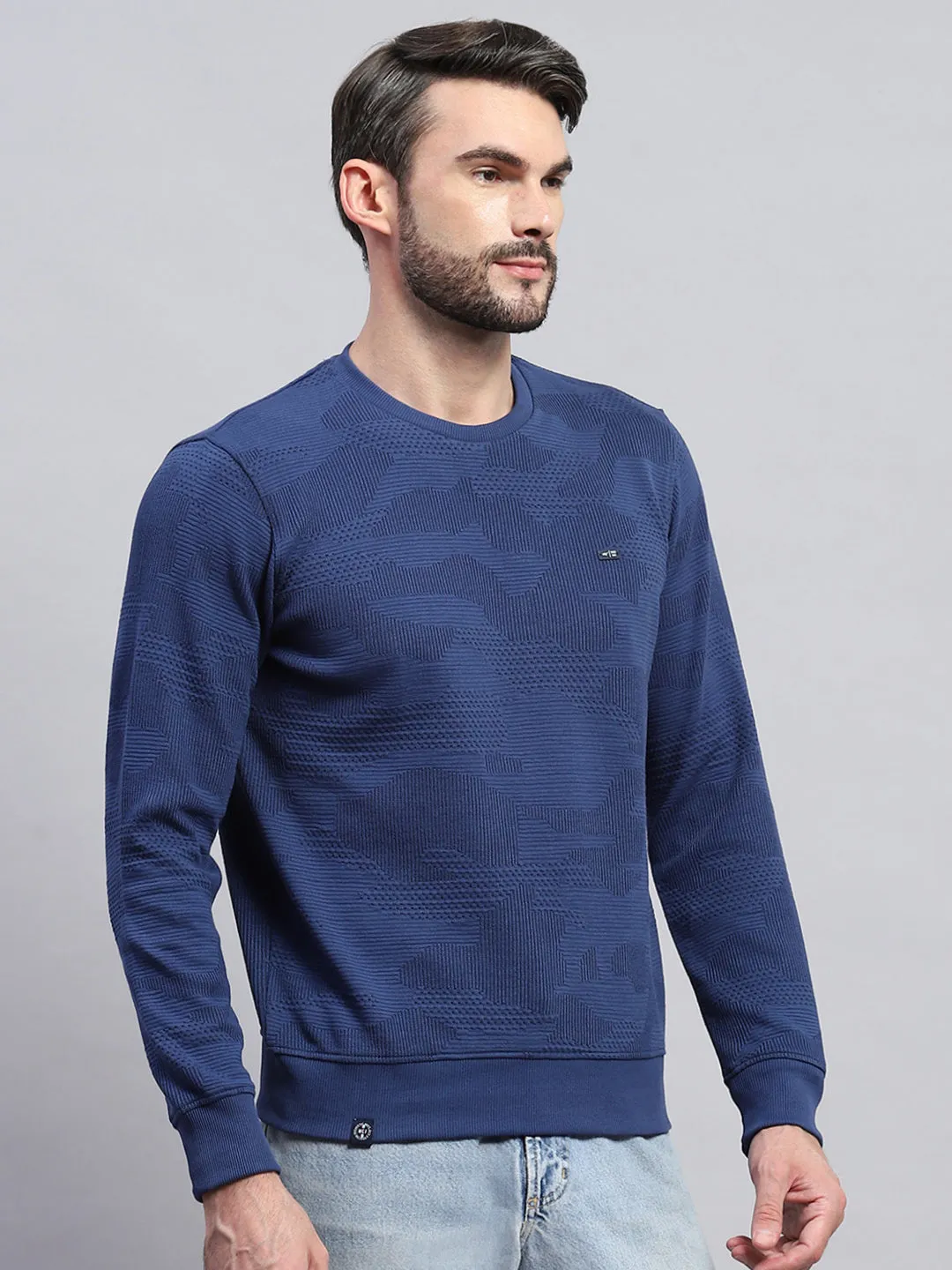Men Blue Self Design Round Neck Full Sleeve T-Shirt sold by Monte Carlo product image thumbnail 4