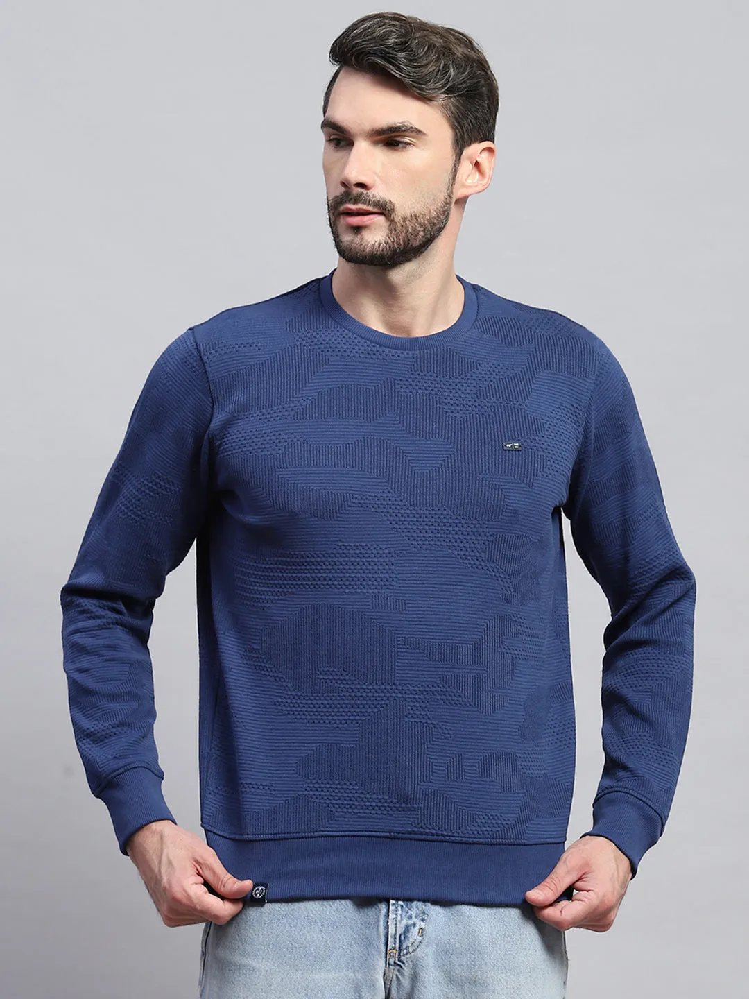 Men Blue Self Design Round Neck Full Sleeve T-Shirt sold by Monte Carlo product image thumbnail 2