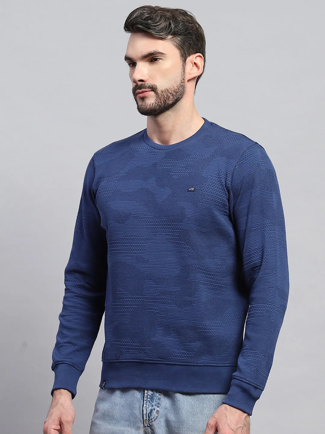 Men Blue Self Design Round Neck Full Sleeve T-Shirt sold by Monte Carlo product image thumbnail 3