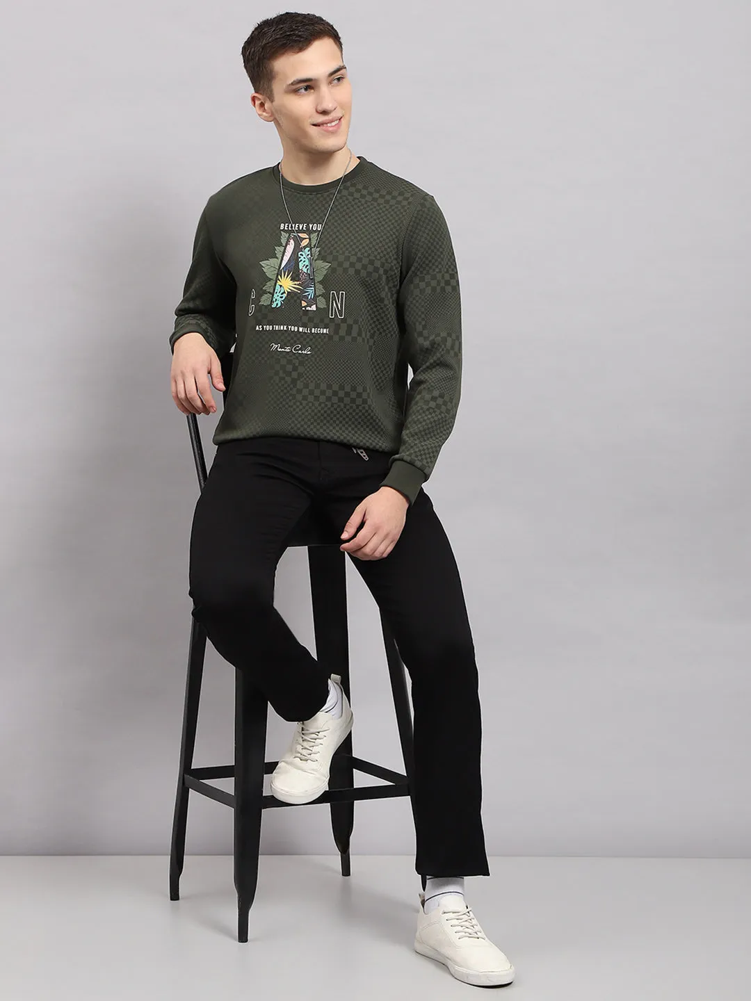 Men Green Printed Round Neck Full Sleeve T-Shirt sold by Monte Carlo