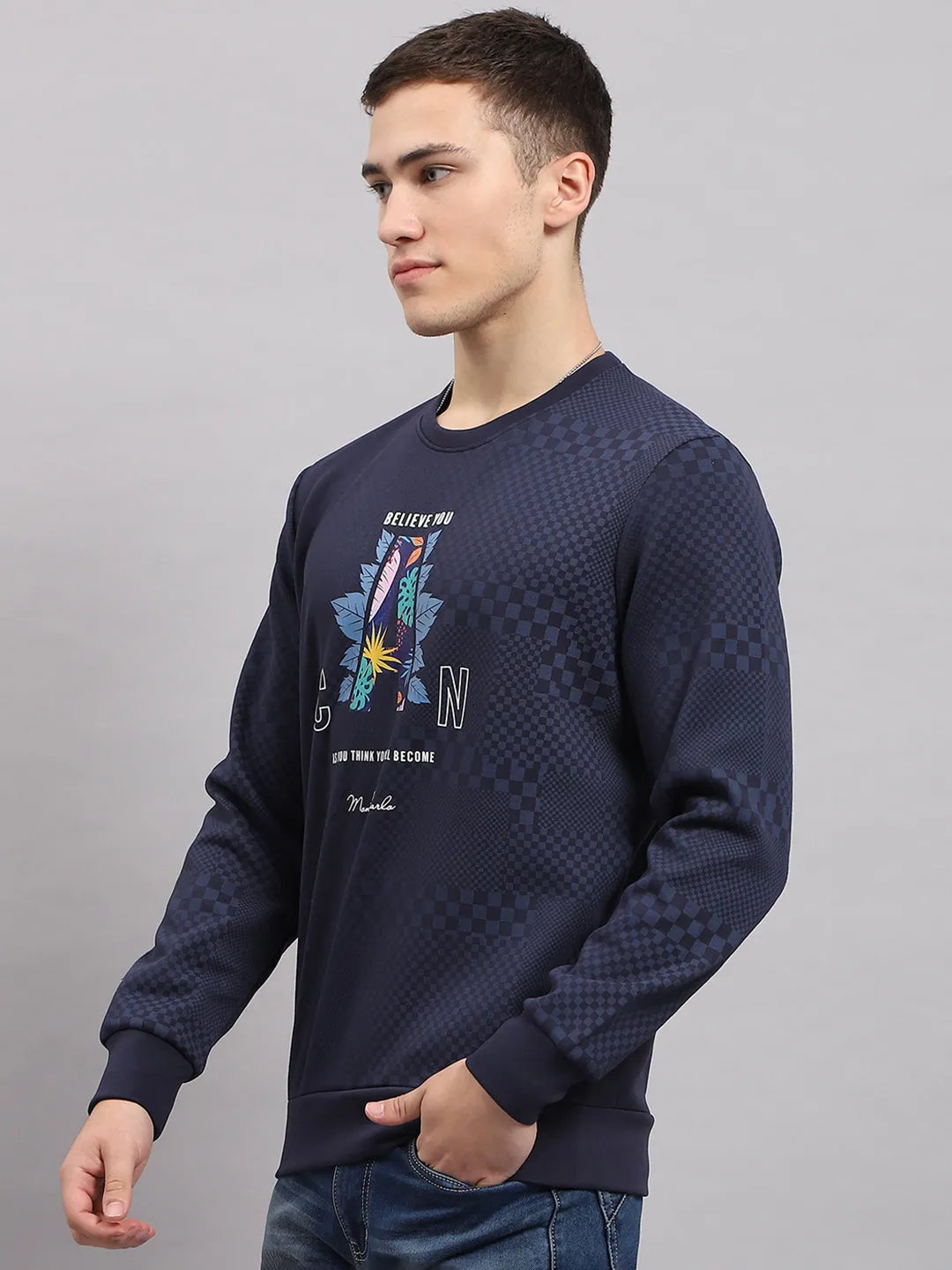 Men Navy Blue Printed Round Neck Full Sleeve T-Shirt sold by Monte Carlo product image thumbnail 3