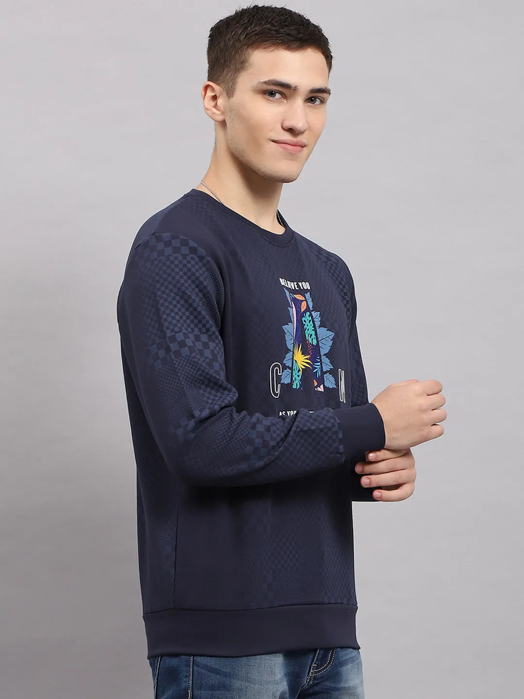 Men Navy Blue Printed Round Neck Full Sleeve T-Shirt sold by Monte Carlo product image thumbnail 4