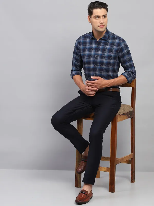 Men Navy Blue Check Spread Collar Full Sleeve Shirt sold by Monte Carlo