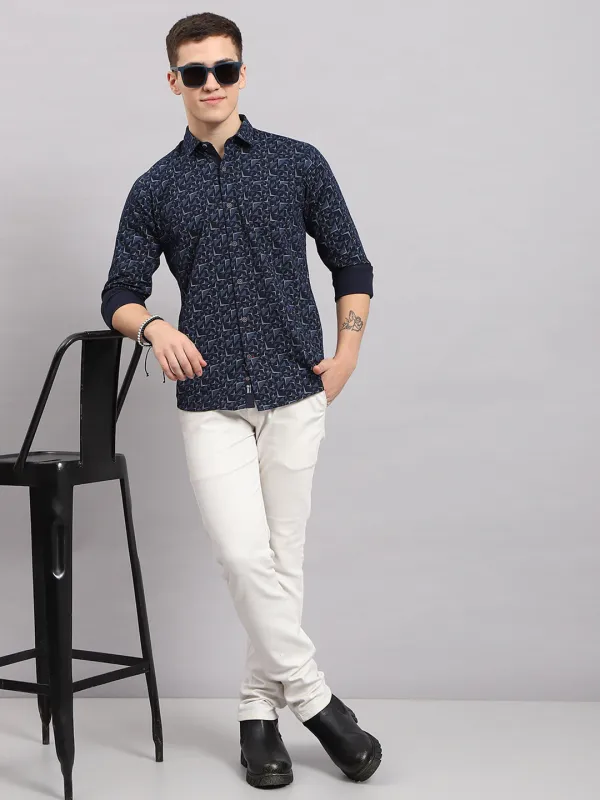 Men Navy Blue Printed Collar Full Sleeve Shirt sold by Monte Carlo