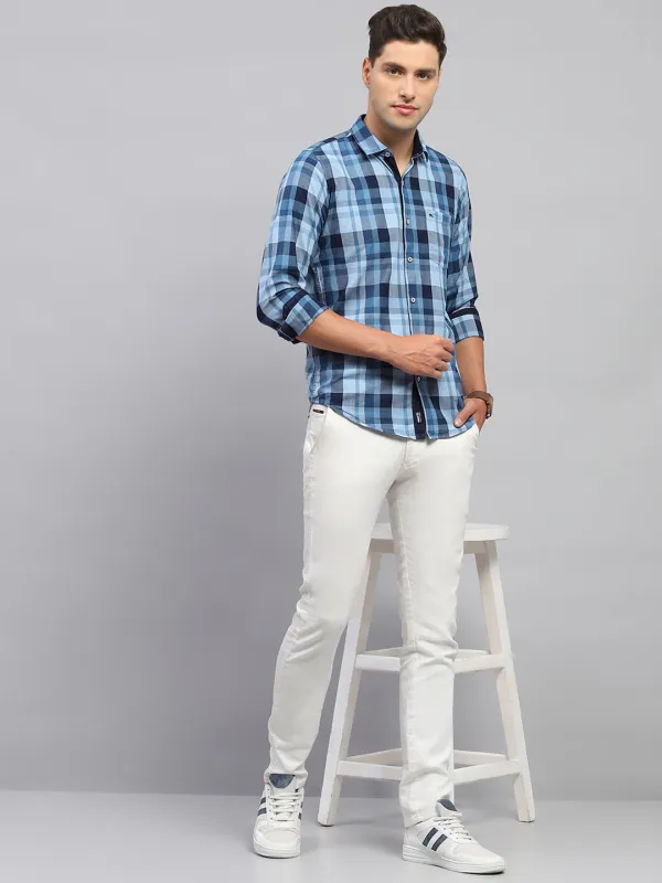 Men Sky Blue Check Spread Collar Full Sleeve Shirt sold by Monte Carlo