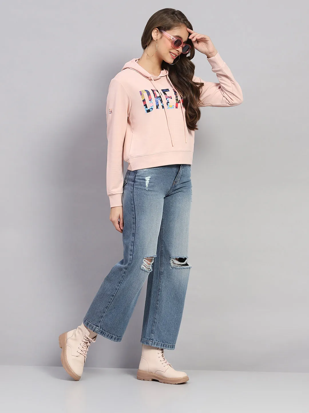 Rock.it Women Peach Printed Hooded Full Sleeve Sweatshirt sold by Monte Carlo