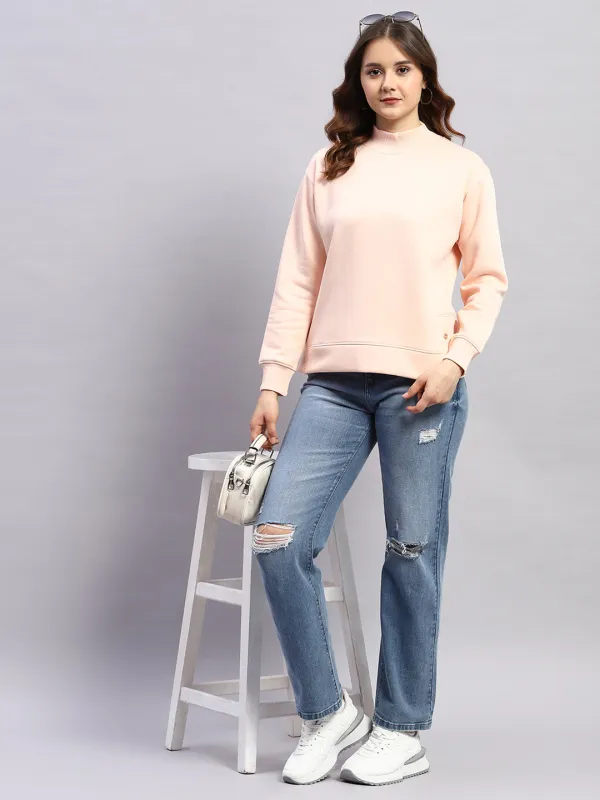 Rock.it Women Peach Solid High Neck Full Sleeve Sweatshirt sold by Monte Carlo