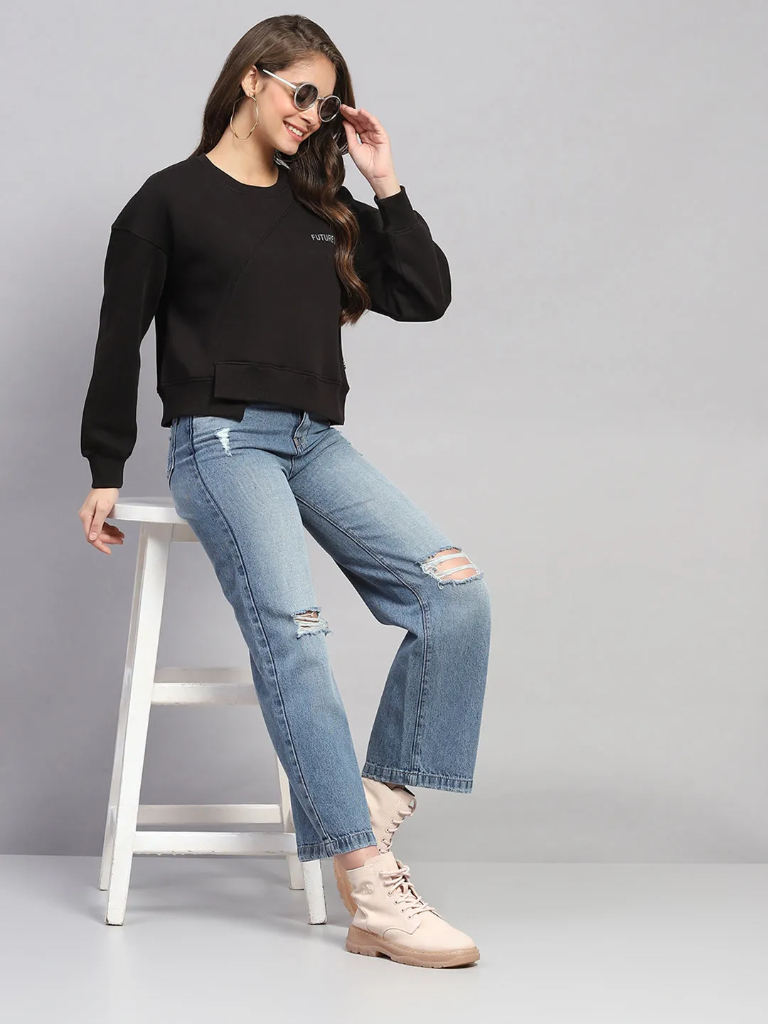 Rock.it Women Black Printed Round Neck Full Sleeve Sweatshirt sold by Monte Carlo