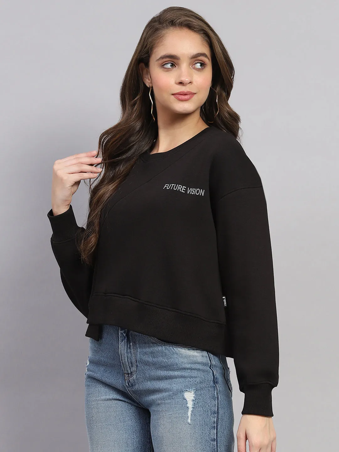 Rock.it Women Black Printed Round Neck Full Sleeve Sweatshirt sold by Monte Carlo product image thumbnail 3