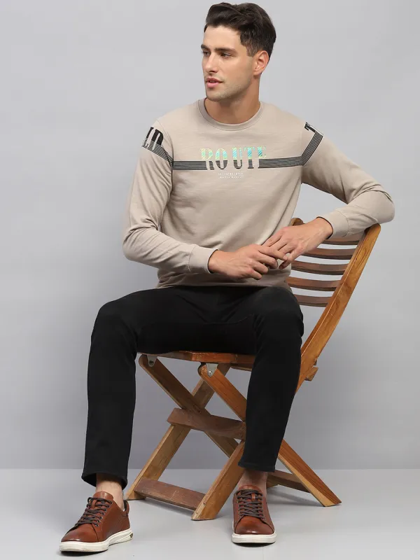 Men Beige Printed Round Neck Full Sleeve T-Shirt made by Monte Carlo