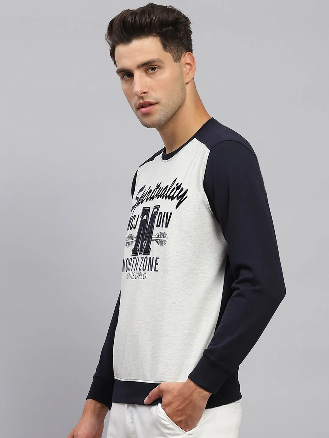 Men Navy Blue Printed Round Neck Full Sleeve T-Shirt sold by Monte Carlo product image thumbnail 3