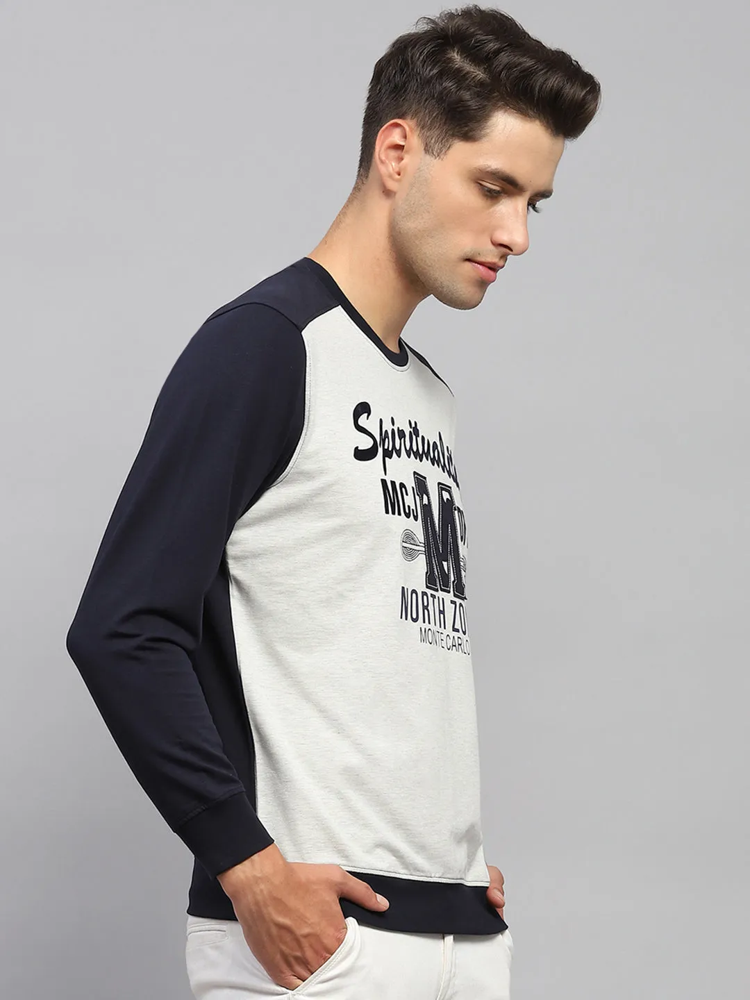 Men Navy Blue Printed Round Neck Full Sleeve T-Shirt sold by Monte Carlo product image thumbnail 4