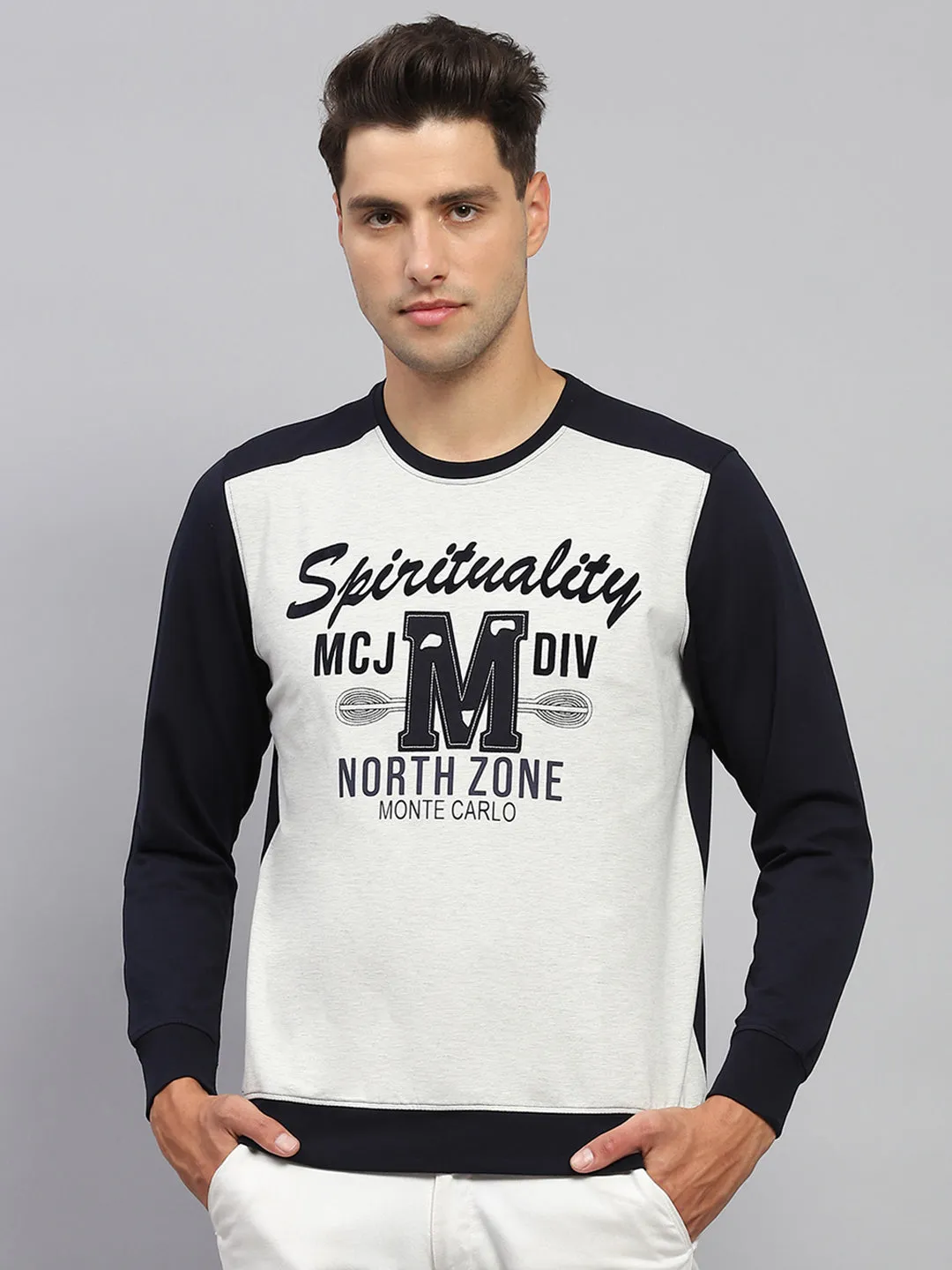 Men Navy Blue Printed Round Neck Full Sleeve T-Shirt sold by Monte Carlo product image thumbnail 2