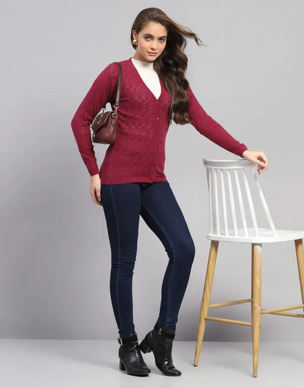 Women Maroon Self Design V Neck Full Sleeve Cardigan sold by Monte Carlo