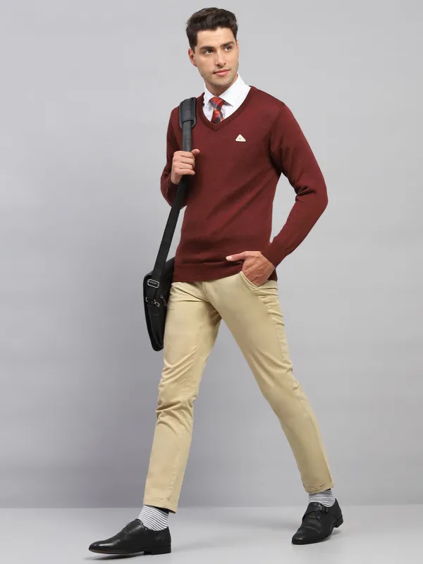 Men Maroon Solid V Neck Full Sleeve Pullover made by Monte Carlo