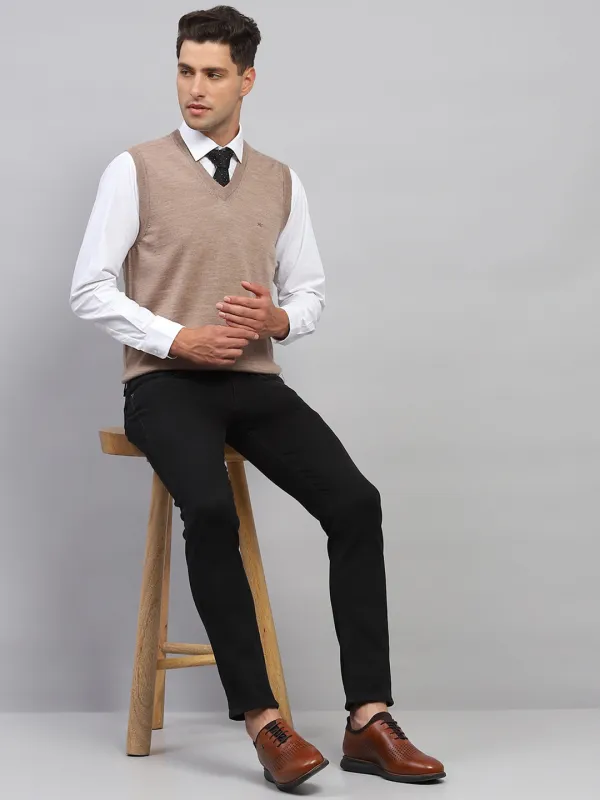 Men Beige Solid V Neck Sleeveless Sweater made by Monte Carlo